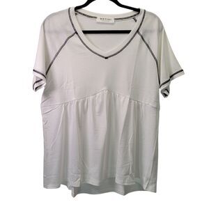 Women White Short Sleeve Pleated Dressy Casual V-Neck Blouse Large